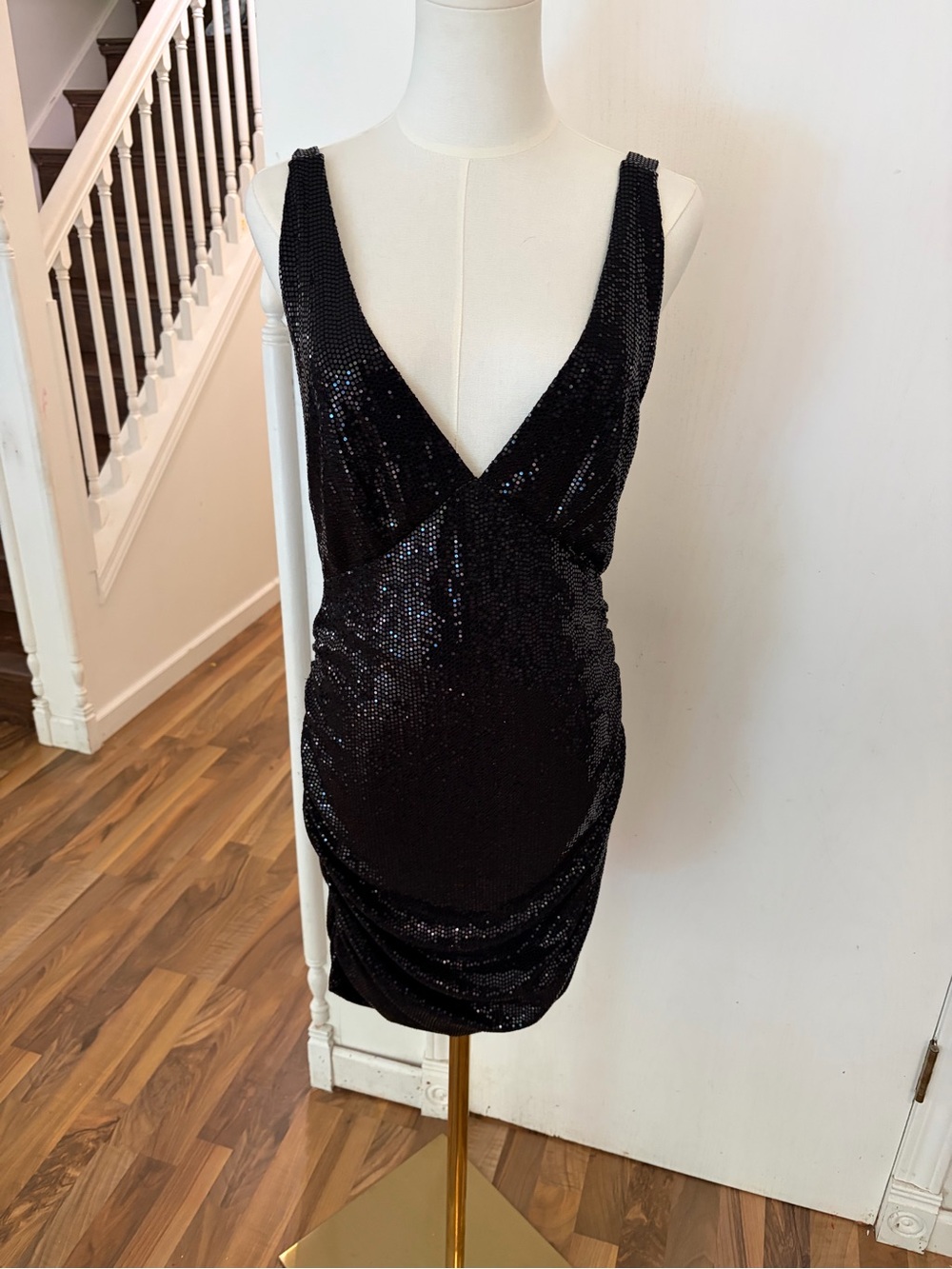 Urban Outfitters Black Sequin Deep V Open Back Rouched Mini Dress, Large